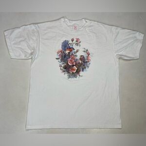 VINTAGE Flower Bird Art Graphic T-shirt Women Large White USA 90s Single Stitch
